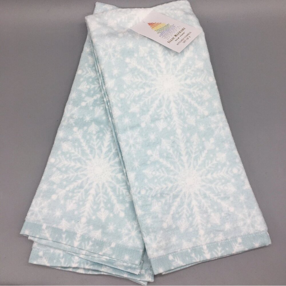 x2 Isaac Mizrahi Snowflake Fuzzy Kitchen Towel Set Powder Blue Christmas Holiday